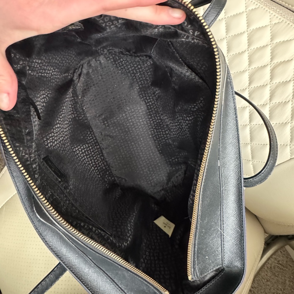 Kate Spade New York Navy Blue Nylon Tote Work Bag Zip Top Black Leather Handles - Picture 7 of 11